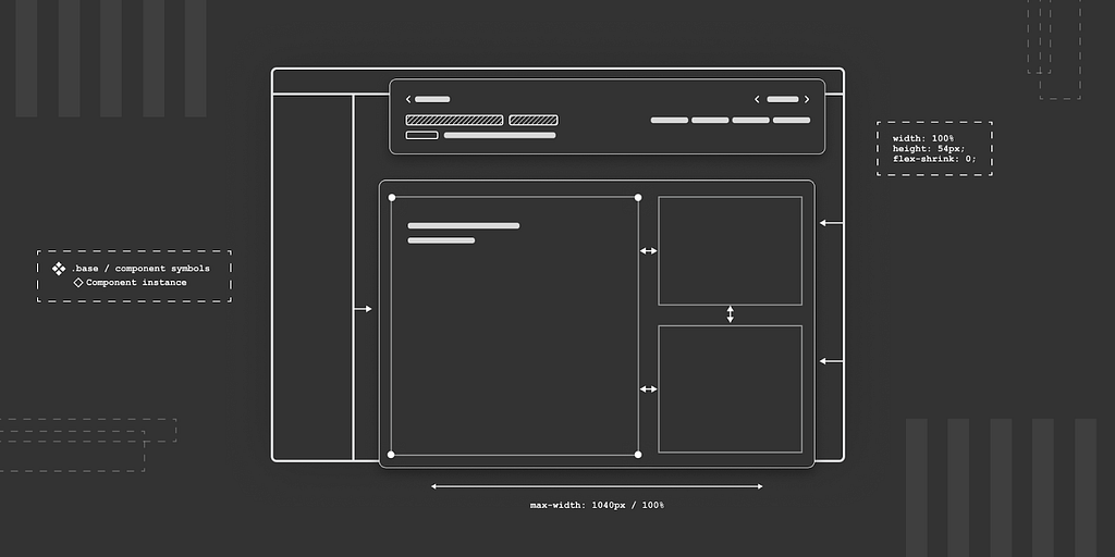 An abstract illustration showing the brand page layout in black and white. Small text modules reference component names and page specs.