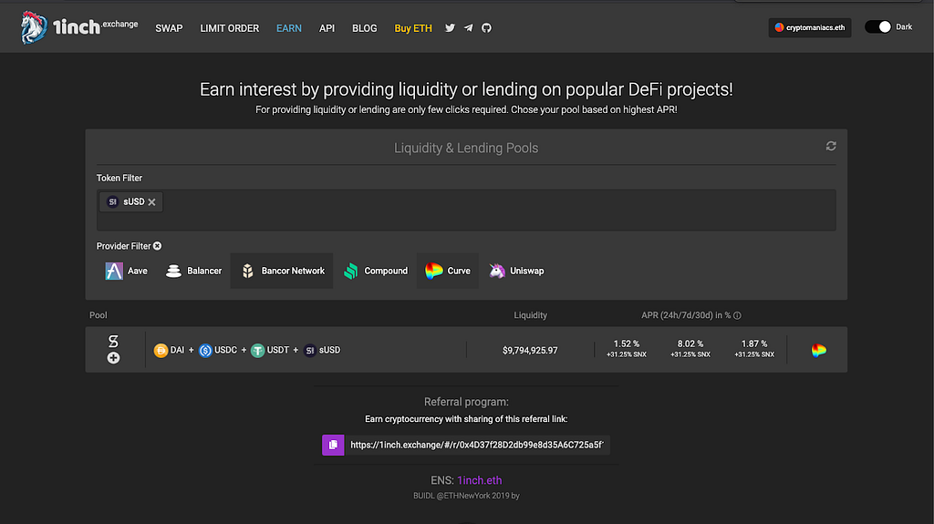 1inch integrates Curve’s sUSD pool with Synthetix staking