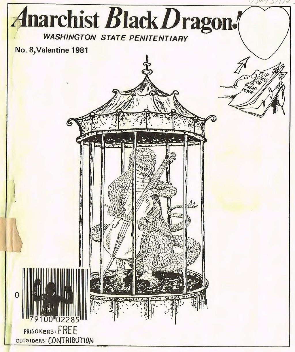 A cover of a magazine, Anarchist Black Dragon, with an illustration of a dragon playing a cello while locked in a cage.