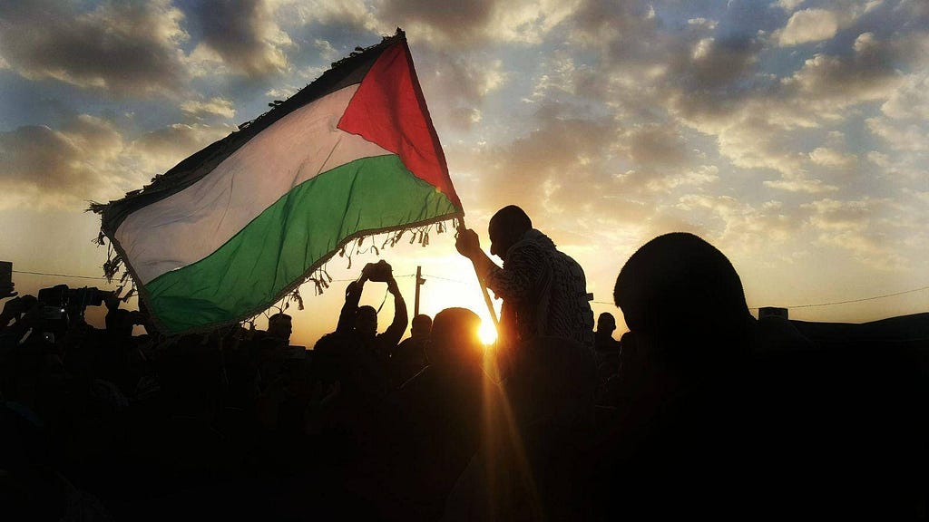 A picture of a person waving the Palestinian flag with the setting sun in the background.