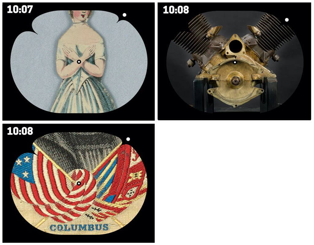 Three images inside the black art clock frame showing the times 10:07 and 10:08. Inside the frame, the images depict the following clockwise from top left, a drawing of a Victorian era woman with her arms crossed in front of her torso, an machine in nickel and brass with two accordion like sections to the top left and right corners, and a section of a stitched patch with two flags crossing each other, and the word “Columbus” in blue at the bottom.