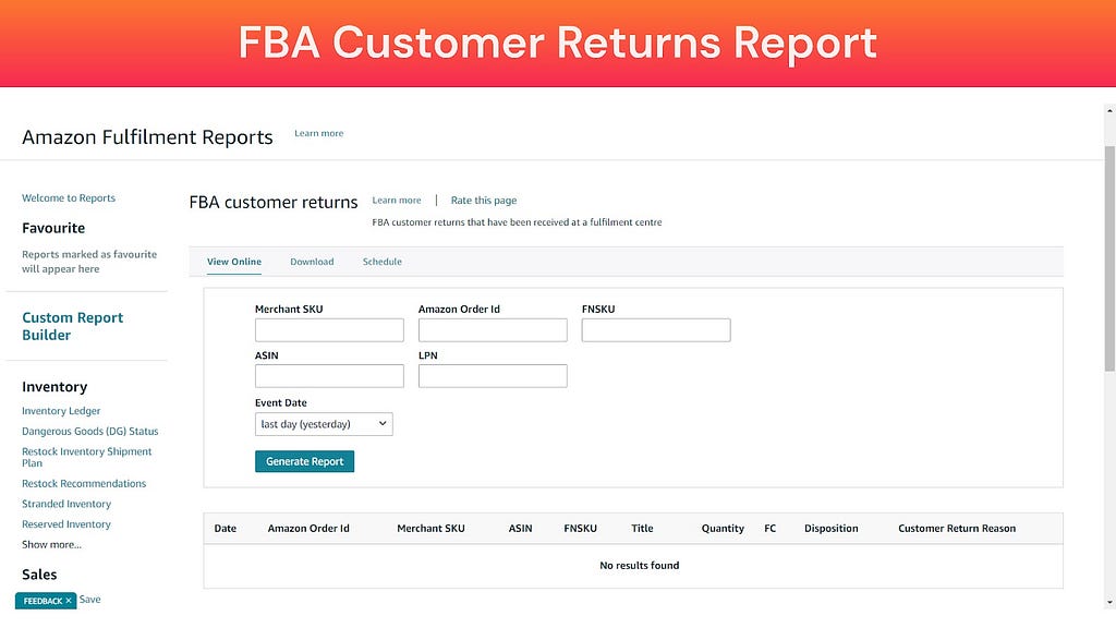 Screenshot of FBA Customer Returns Report