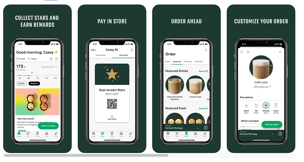 Image description: Starbucks mobile app screen showing different features for example rewards collection, pay at store, order ahead etc.