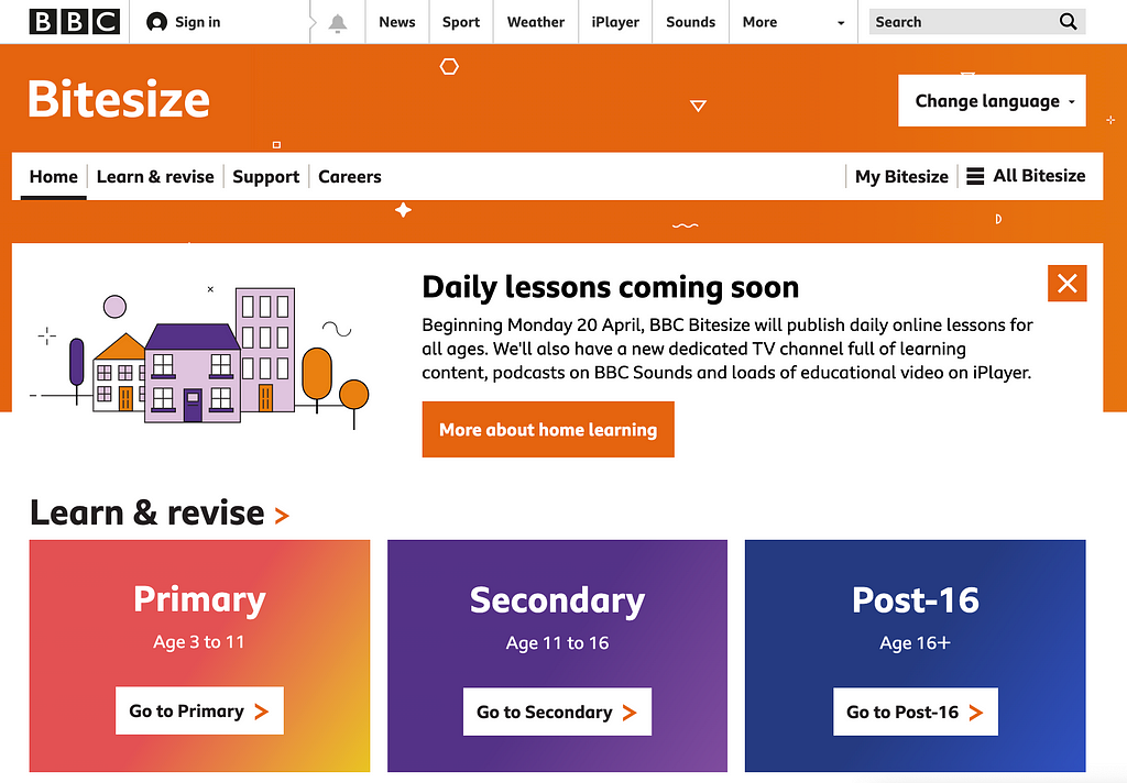 Bitesize Daily lessons feature prominently on the BBC Bitesize homepage