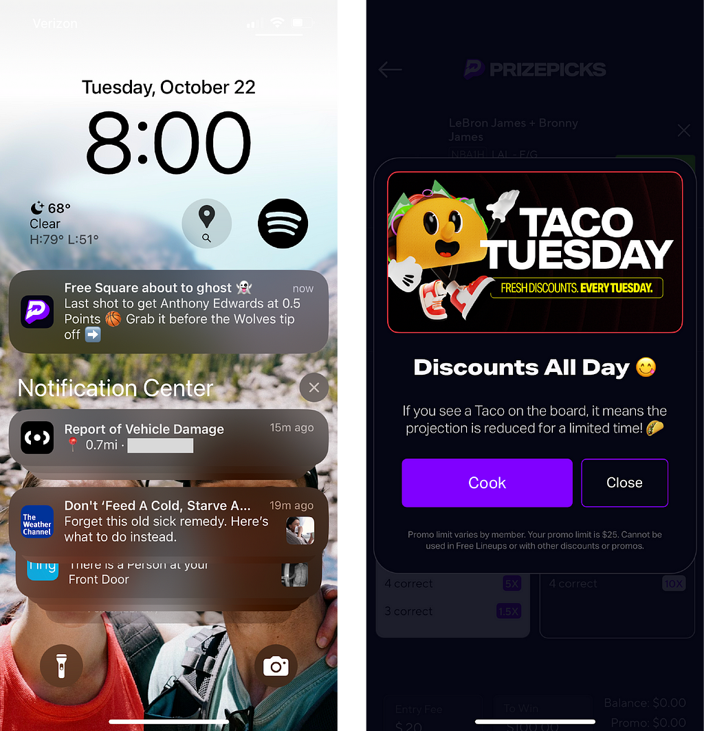 Examples of push and in-app notifications from PrizePicks