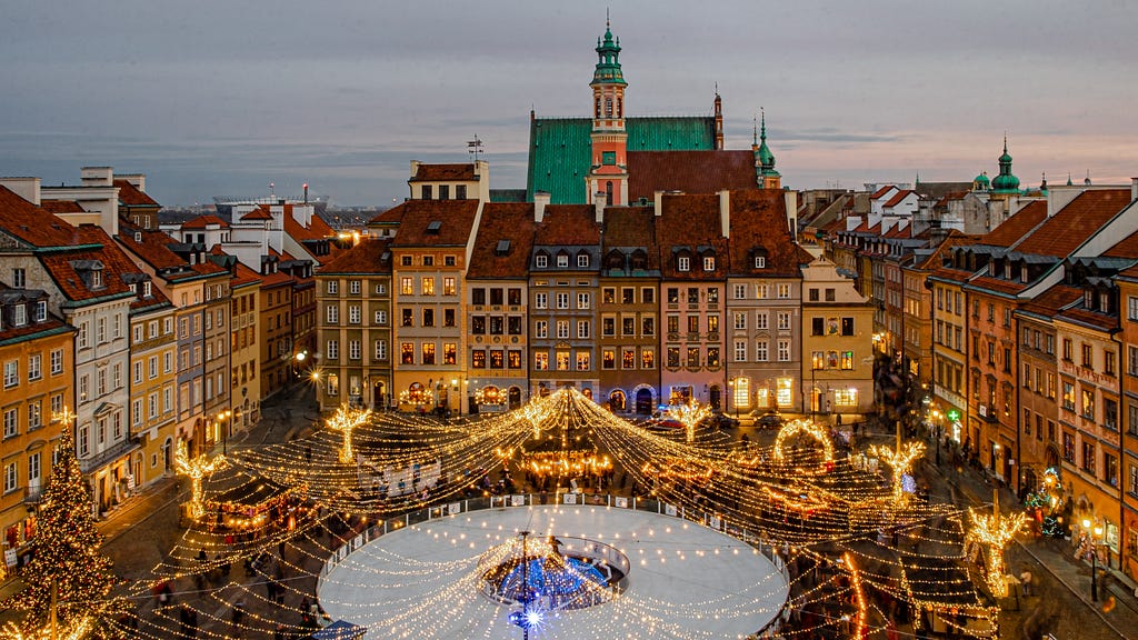 Christmas Market with lights on in town square