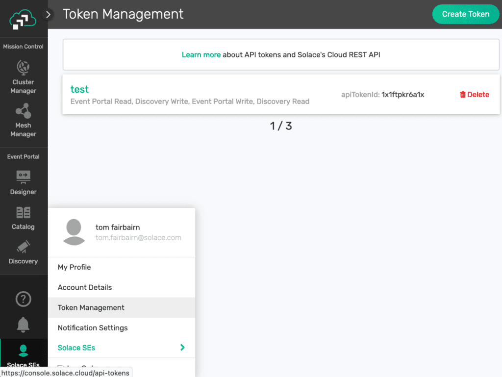 Screenshot of the Token Management tab under Solace SEs