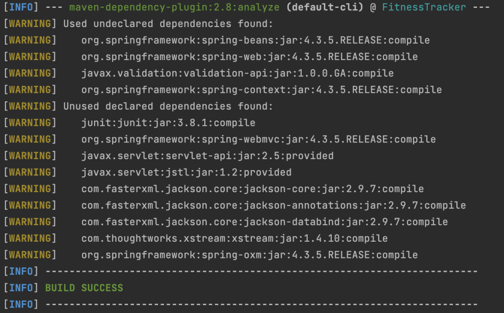 Command line showing the result of the Maven command dependency:analyse