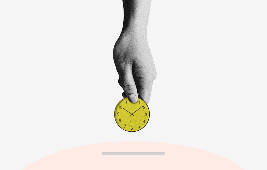 Photo showing a hand dropping a clock which looks like a coin into a piggy bank.
