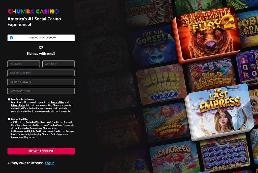 screenshot of Chumba Casino Sign Up Page