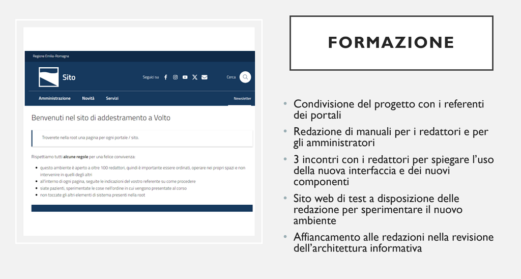 Section of a website dedicated to training in Vosto on the Region's platform, with a clear and functional design. It includes the title "TRAINING", an introduction that welcomes users, and a bulleted list that describes training activities: project sharing, writing manuals, training meetings, test site and personalized support for the newsrooms.