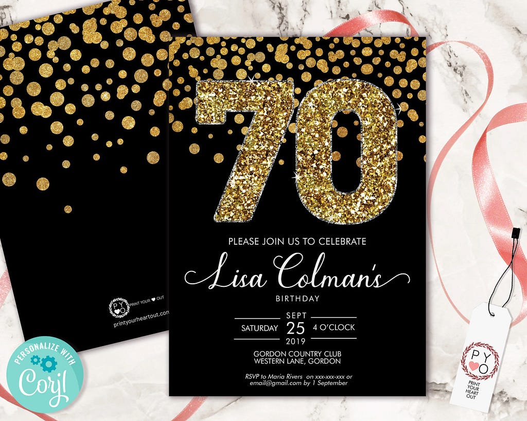 DIY 70th Birthday Confetti Invitation Printable Template, Black Gold Glitter Editable Birthday