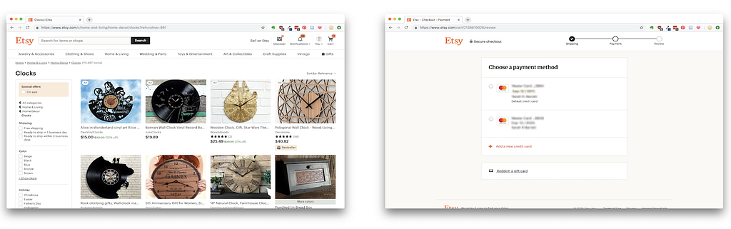 Two screenshots of Etsy. On the left, the navigation-based landscape experience where you find products. On the right, the interactive tabletop where you check out.