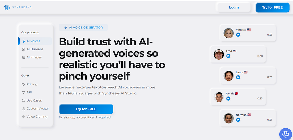 Best AI voice generators, Synthesys (best for commercial videos)