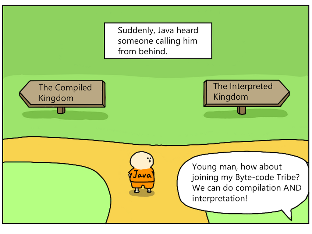 Suddenly Java heard someone calling: Young man, how about join my Bytecode tribe? We can do compilation and interpretation