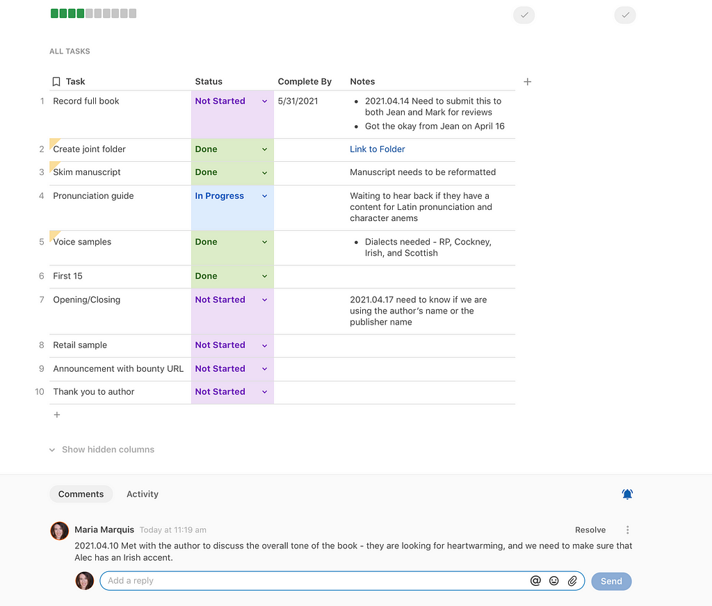 My project tracker before canvas columns.