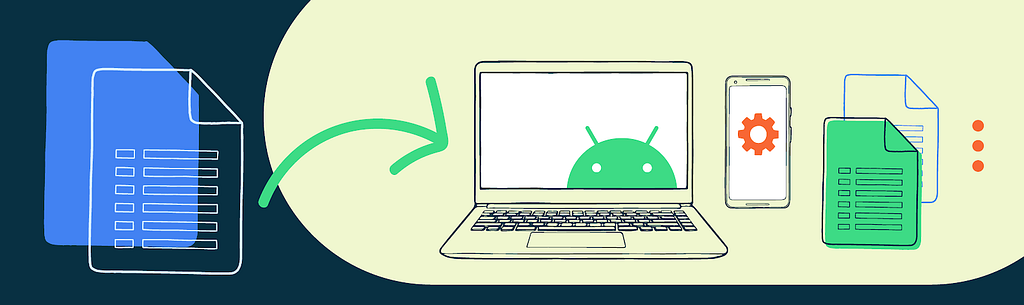 Illustration of a laptop with the Android on the screen and other tech objects in the background.
