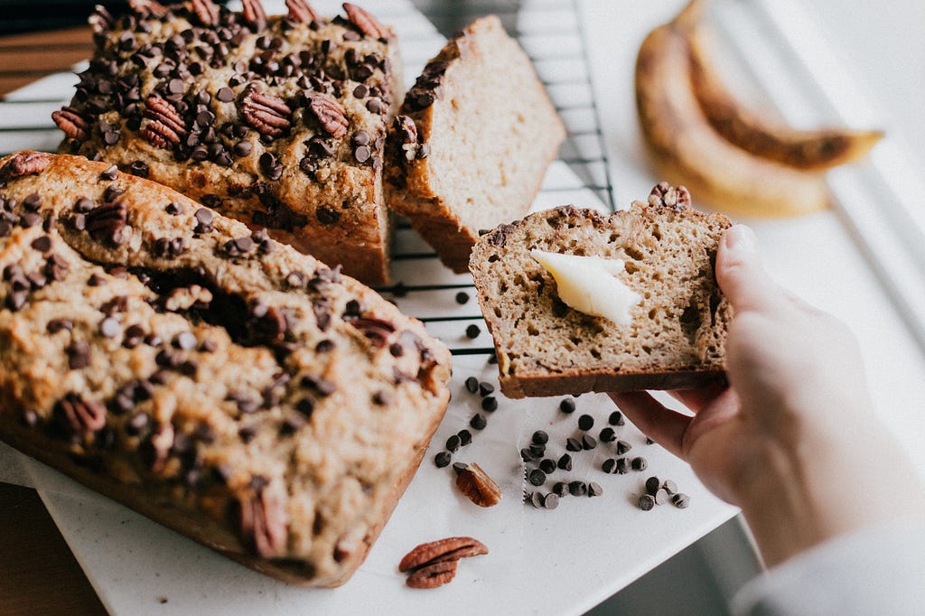 Freshly baked banana bread with pecan nuts and chocolate chips