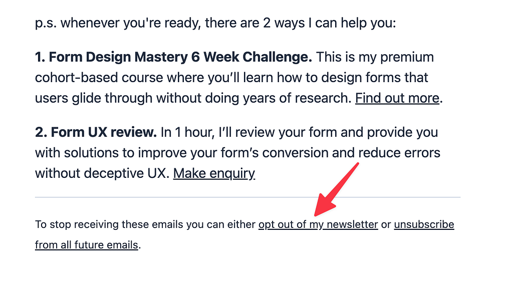 My newsletter email footer with a red arrow pointing to the unsubscribe link