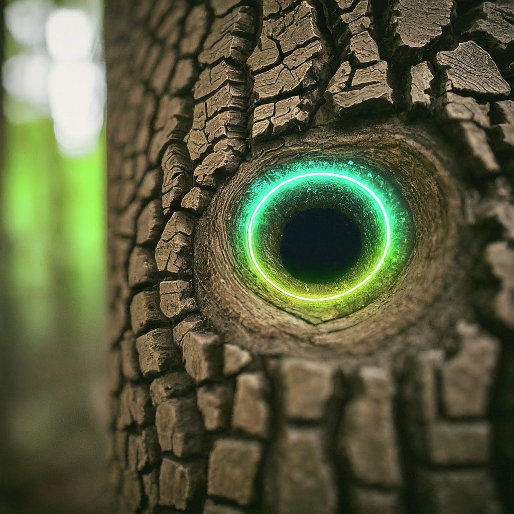 A close-up view of a tree trunk with a glowing green circular light. The light symbolizes the role of digitalization in enhancing the efficiency of supply chains and reducing Scope 3 emissions, a topic discussed in the article.