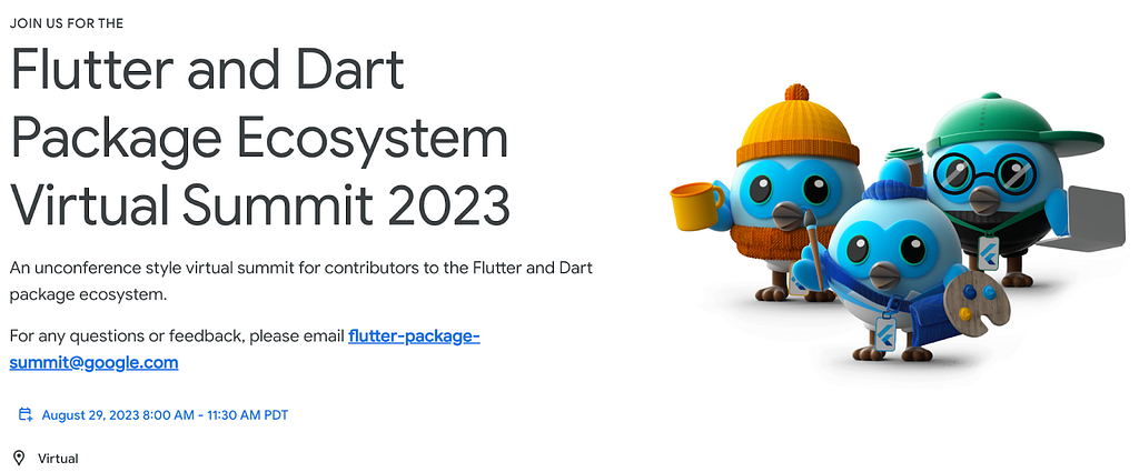 The Flutter and Dart Ecosystem Virtual Summit 2023 landing page