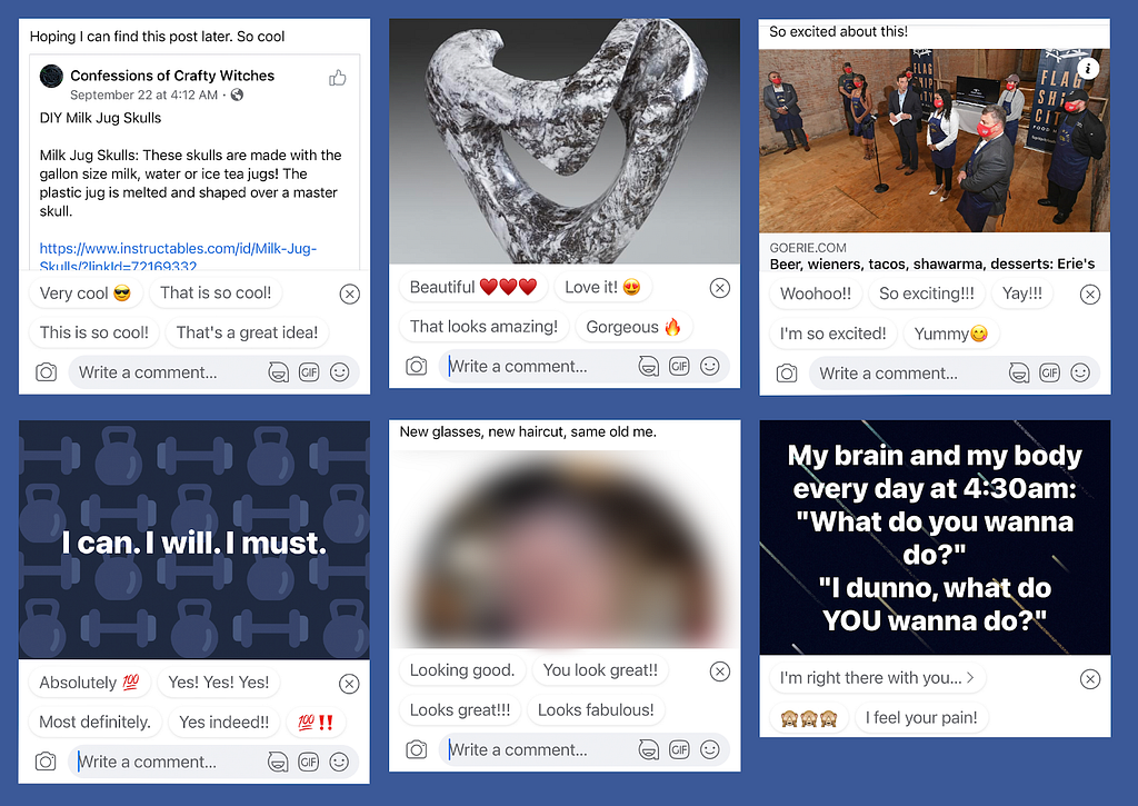 Screenshots of Facebook posts showing good comment suggestions