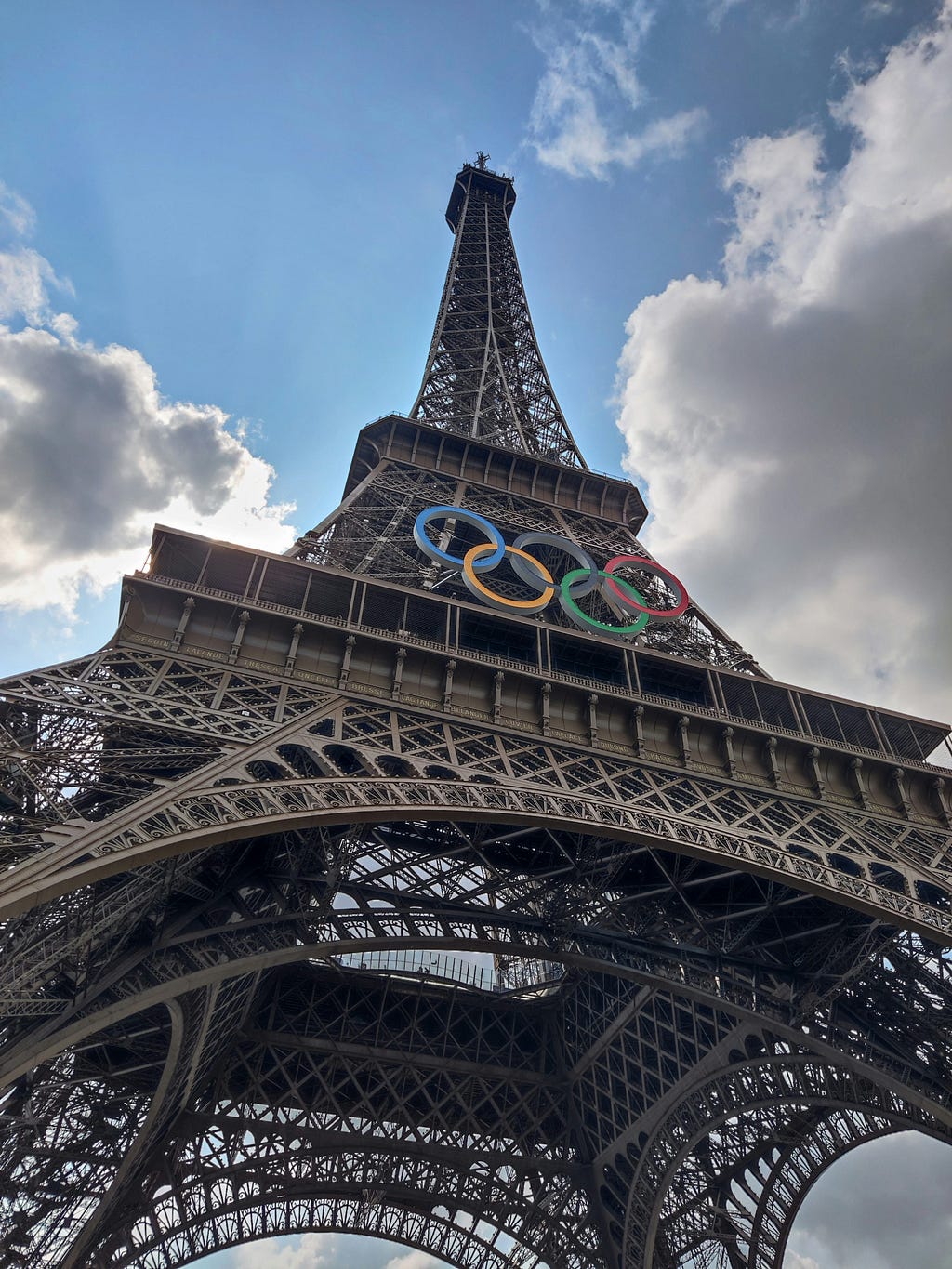 The Eiffel Tower with the iconic Olympic rings.