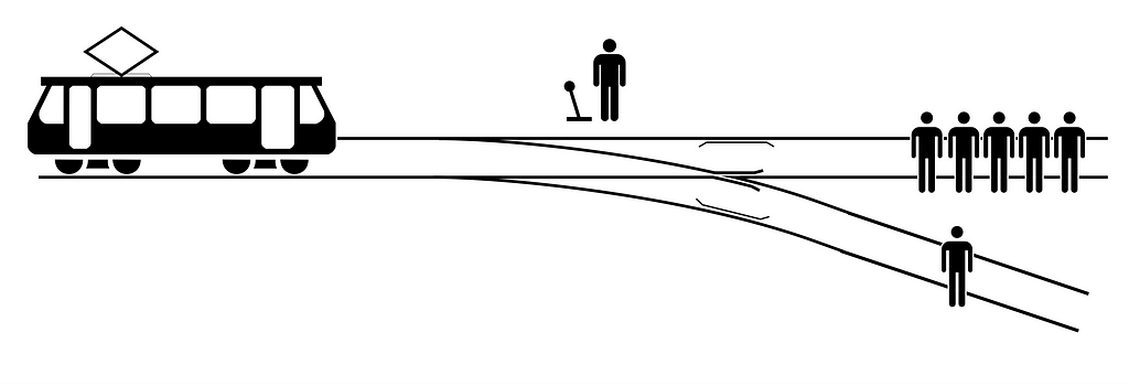 Illustration depicting the classic ethical dilemma of the trolley problem with diverging tracks, a lever, and stick figures representing the choice between saving one person or five.