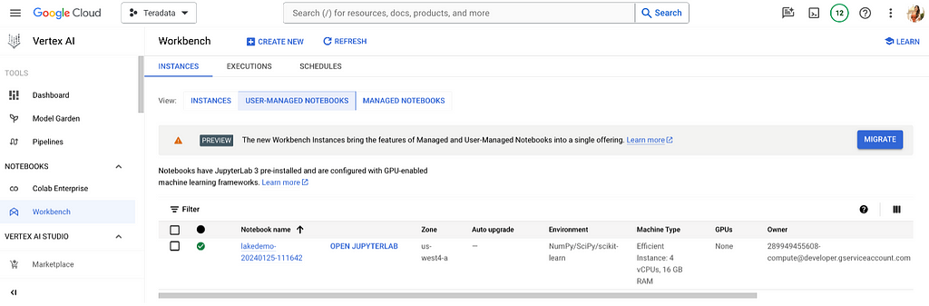 Teradata Jupyter extensions integrated with Vertex AI notebooks