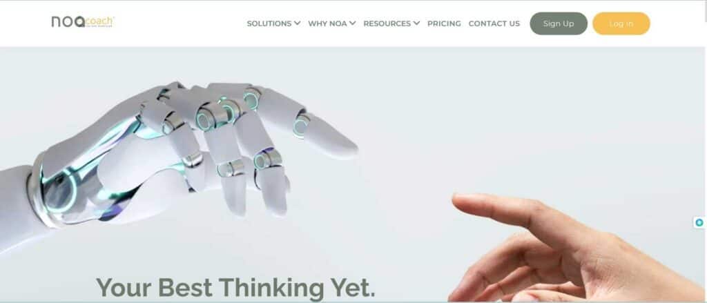 Noa Coach website Home Page — A robot hand reaches out to touch a human hand.