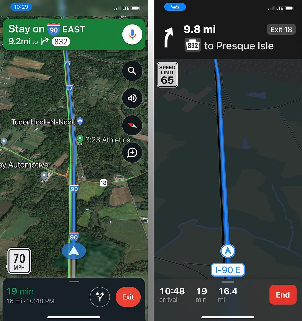 Screenshots for Google and Apple Maps of an interstate journey