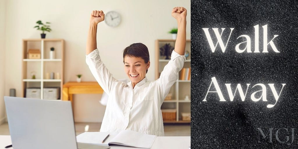 Person looking at computer with arms raise — happy — walk away