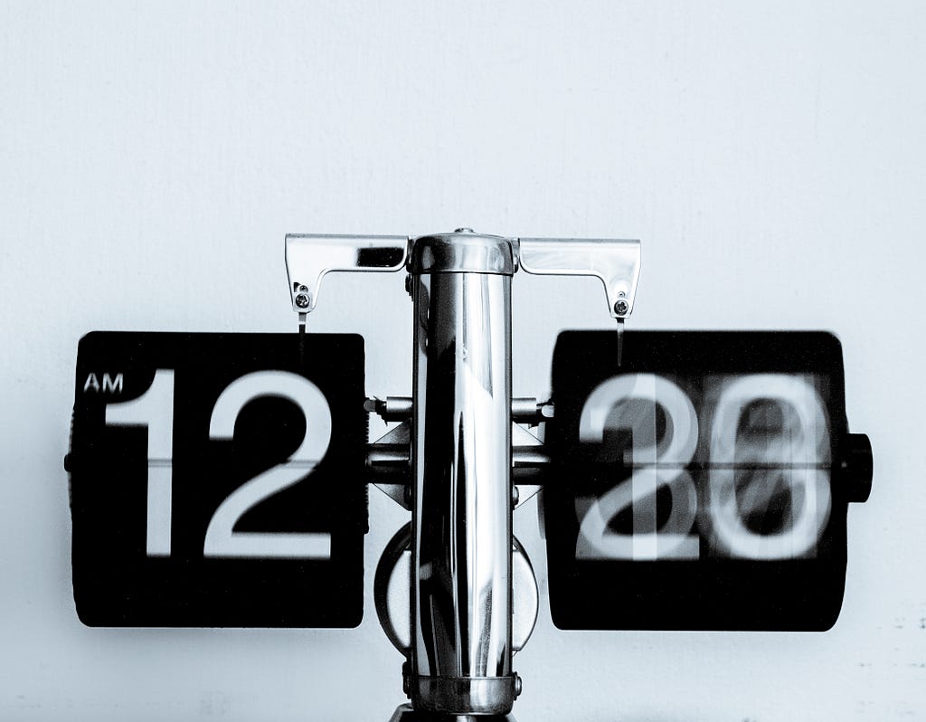 A flip-number clock with spinning numbers, black and white