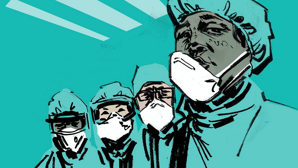 An illustration of frontline health workers in PPE masks and goggles