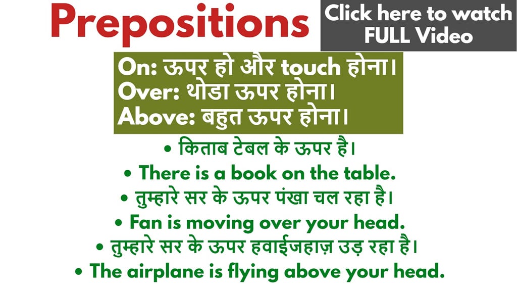 Use of Prepositions On, Over and Above with Examples in Hindi