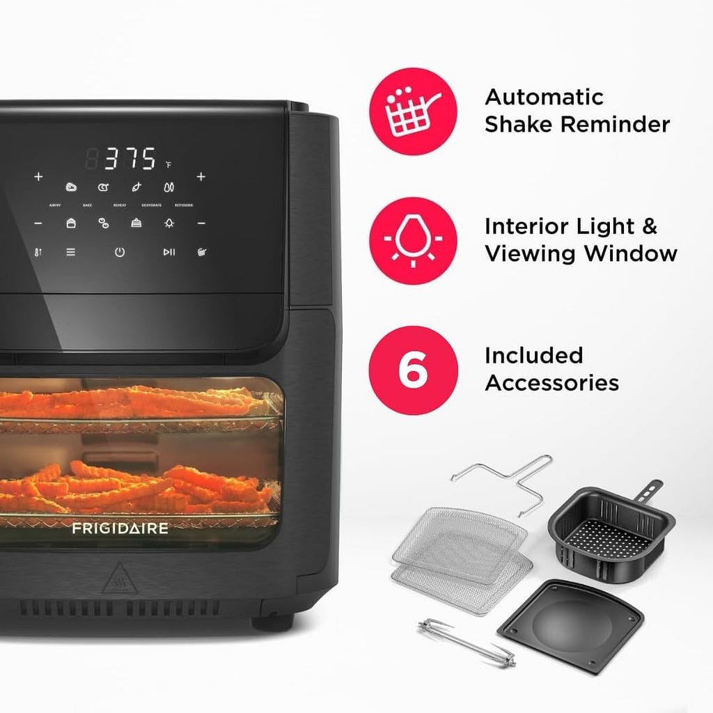 Frigidaire 5 in 1 Large Air Fryer Toaster Oven Combo - 12.6 Qt Total Capacity, 3.7 Qt Basket - 7 Preprogrammed Recipes, Airfryer Accessories Included, Black