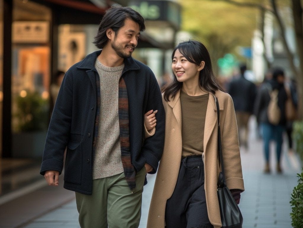 a happy couple walking in a street