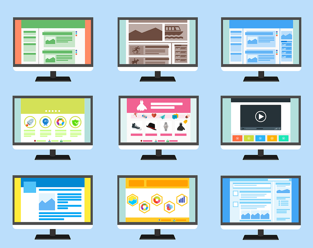9 screen with different templates and websites on them