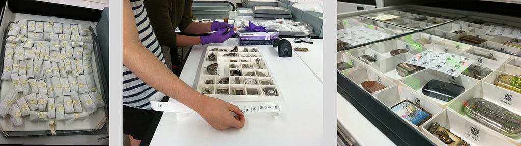 (from left) Match safes packed for travel; Technicians make new containers and barcode objects; Match safes in storage with barcodes in each container and a corresponding coversheet