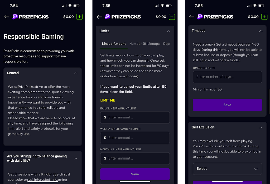 The “Responsible gaming” section in the PrizePicks mobile app