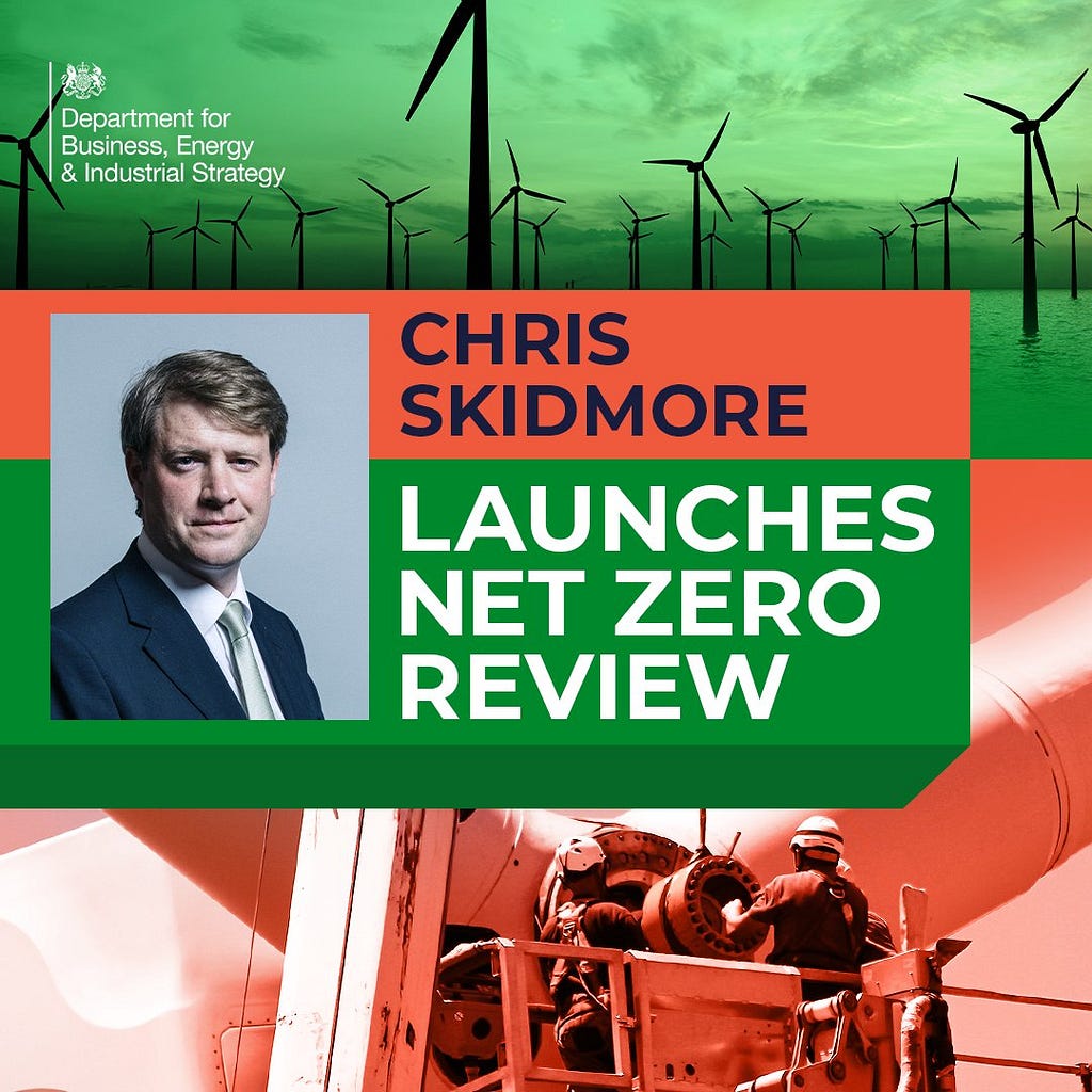 Picture of Chris Skidmore next to large text saying CHRIS SKIDMORE LAUNCHES NET ZERO REVIEW. Pictures of wind turbines in background.