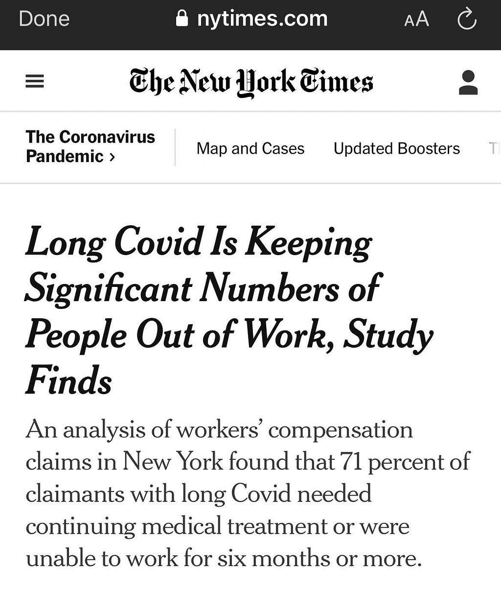 Screenshot of New York Times headline about Long COVID keeping people out of work