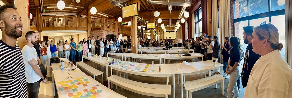 Inside a large room in the Faire office, the entire design team stands in a circle around a few rows of lunch tables, which are covered in post-its. The photo is taken with a fisheye lens, exaggerating the size of the people at each end of the image.