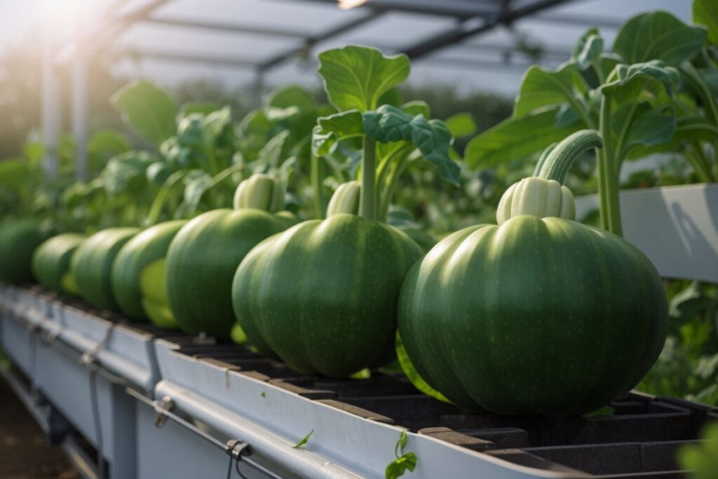 A row of green zucchini growing in a hydroponic farm greenhouse with sunlight filtering through.