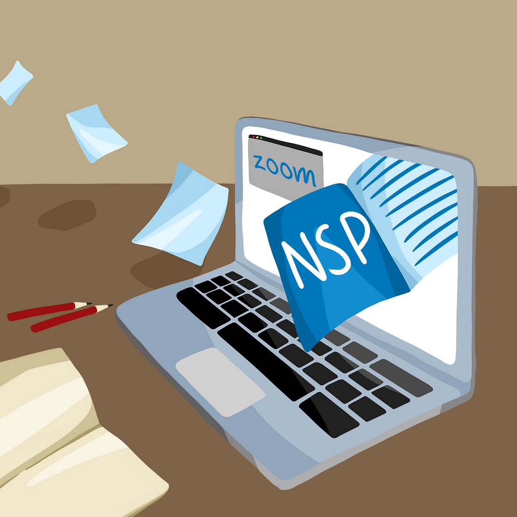 Illustration of a laptop computer sitting on a desk alongside a notebook and pencils. On the laptop screen, a window is open marked “Zoom,” and a book with the letters “NSP” appears to protrude out of the laptop screen.