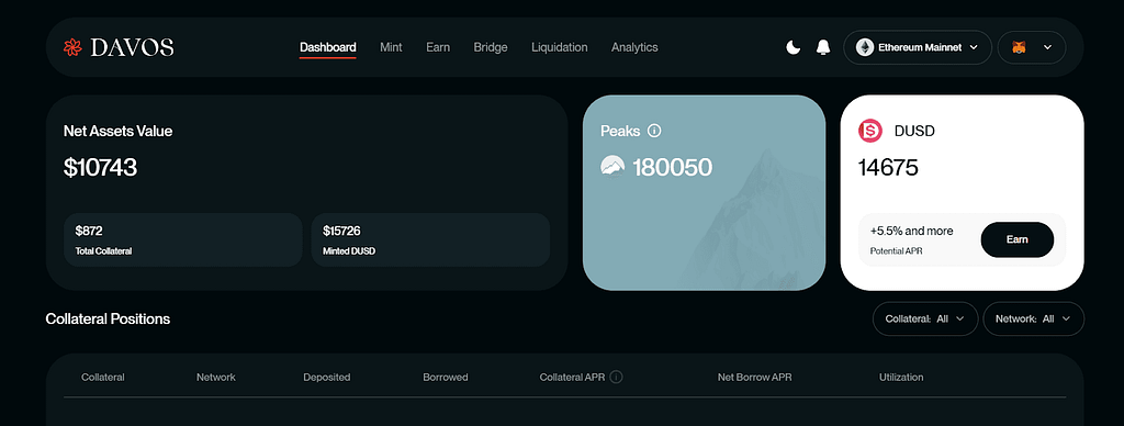 Davos Protocol dApp UI visual in Dark-theme