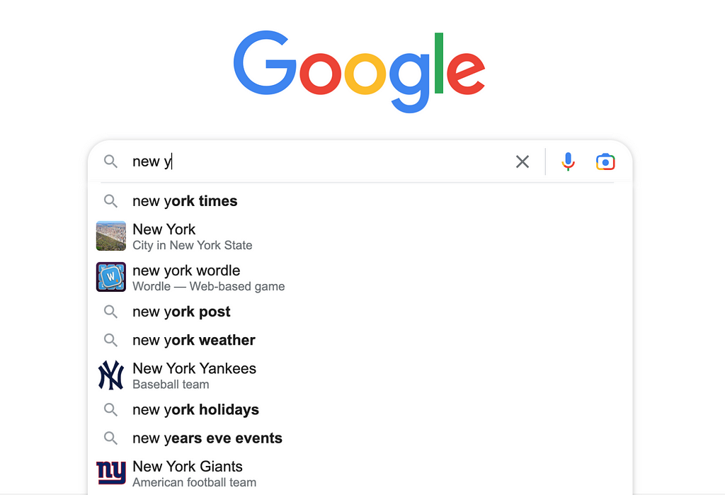 Screenshot of Google search bar with ‘new y’ input, showing autocomplete suggestions like ‘New York Times’ and ‘New York’.
