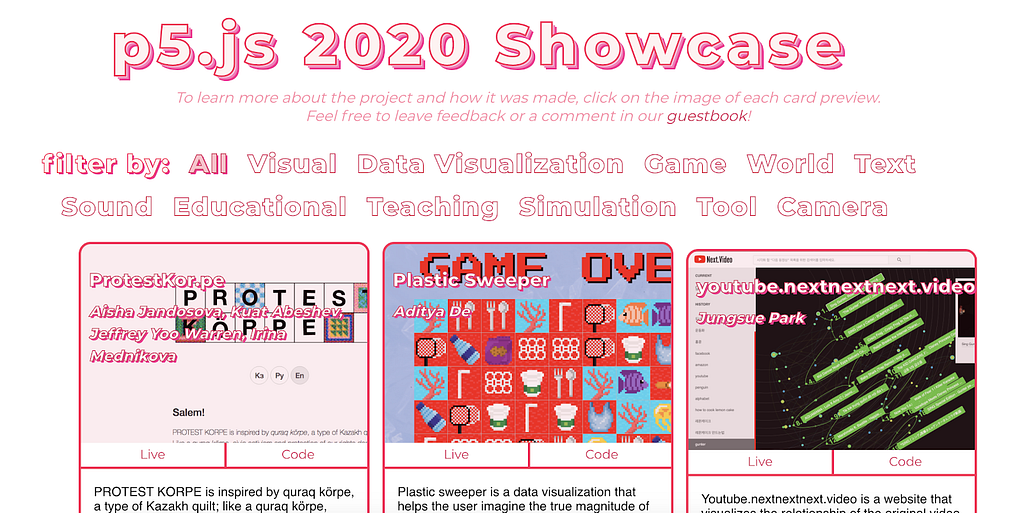 website with title, in pink, “p5.js 2020 Showcase” and a gallery of showcase entries with a filter at the top