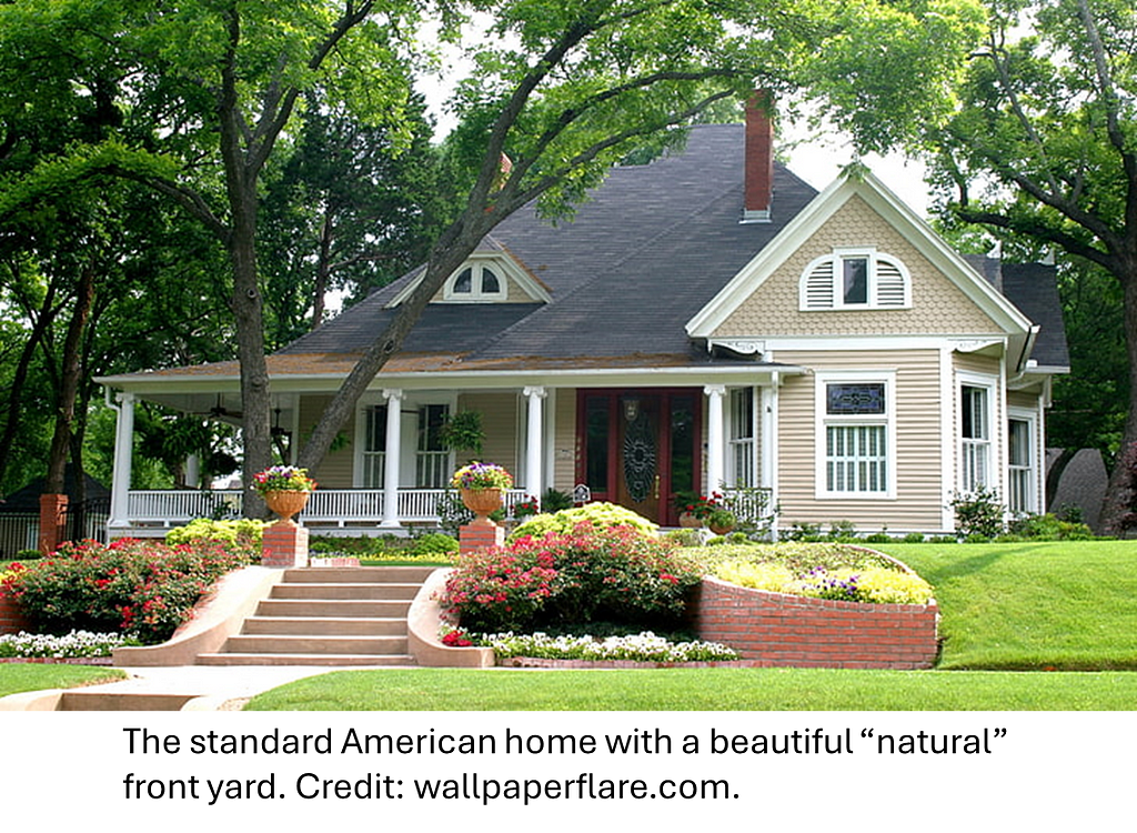 The standard American home with a beautiful “natural” front yard. Credit: wallpaperflare.com
