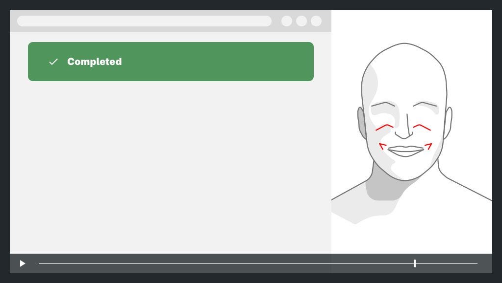 on the left a screen capture with a completed task, on the right the face of the user with expression of happiness